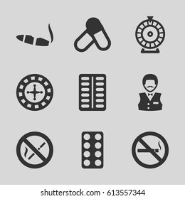 Addiction icons set. set of 9 addiction filled icons such as Roulette, Casino boy, cigarette, pill