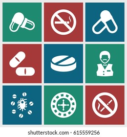Addiction icons set. set of 9 addiction filled icons such as Roulette, Casino boy, pill, no smoking