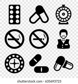 Addiction icons set. set of 9 addiction filled icons such as no smoking, roulette, casino boy