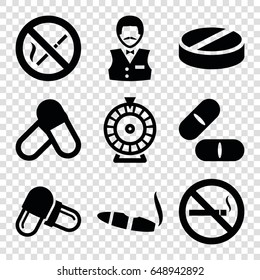 Addiction icons set. set of 9 addiction filled icons such as roulette, casino boy, cigarette, pill