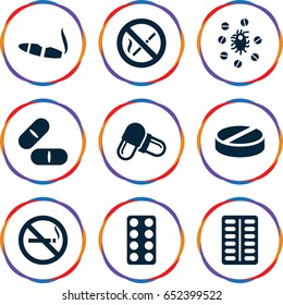 Addiction icons set. set of 9 addiction filled icons such as no smoking, cigarette, pill