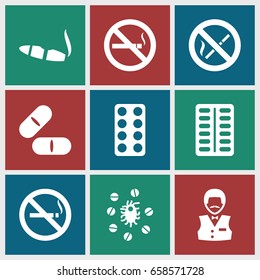 Addiction icons set. set of 9 addiction filled icons such as no smoking, casino boy, cigarette, pill