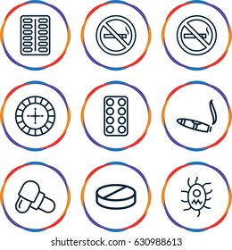 Addiction icons set. set of 9 addiction outline icons such as no smoking, roulette, cigarette, pill