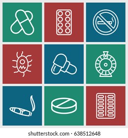 Addiction icons set. set of 9 addiction outline icons such as roulette, cigarette, pill, no smoking