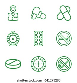 Addiction icons set. set of 9 addiction outline icons such as roulette, casino boy, pill