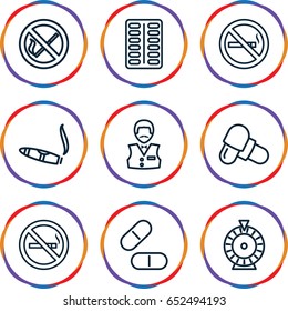 Addiction icons set. set of 9 addiction outline icons such as no smoking, roulette, casino boy, cigarette