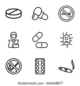 Addiction icons set. set of 9 addiction outline icons such as no smoking, casino boy, cigarette, pill