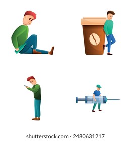 Addiction icons set cartoon vector. Alcohol, gadget, coffee and drug addiction. Dependence