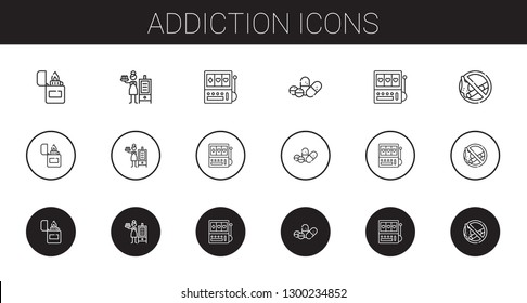 addiction icons set. Collection of addiction with lighter, smoker, slot machine, pills, no smoking. Editable and scalable addiction icons.