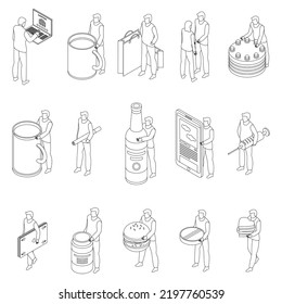 Addiction icons set. Isometric set of addiction vector icons outline thin lne isolated on white
