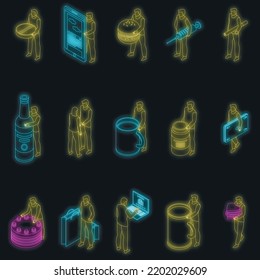 Addiction icons set. Isometric set of addiction vector icons neon color on black