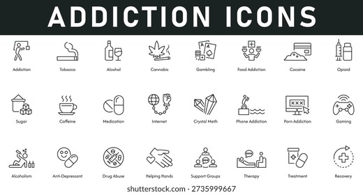 Addiction Icons vector illustration with thin line editable stroke containing recovery treatment helping hands phone food addiction therapy sugar cocaine gambling tobacco cannabis caffeine