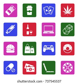 Addiction Icons. White Flat Design In Square. Vector Illustration. 