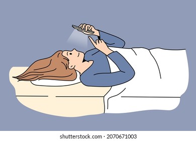 Addiction to internet and chatting concept. Young woman cartoon character lying in bed having rest with turned on smartphone chatting vector illustration 