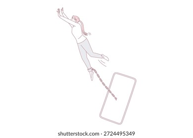 Vício em internet e conceito de gadgets. Jovem mulher tentando voar para longe do smartphone conectado com corrente na perna como escravo vetor ilustração