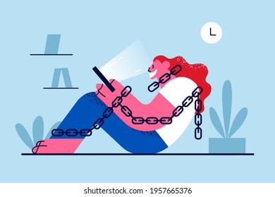 Addiction to internet and smartphone concept. Young girl cartoon character sitting in chain addicted to mobile phone and chatting online vector illustration 