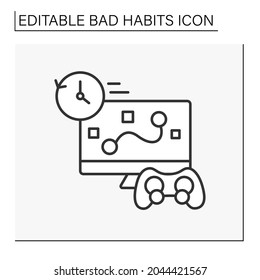 Icono de línea de adicción. Juego incontrolado. Juego de videojuegos toda la noche. Concepto de malos hábitos. Ilustración vectorial aislada. Trazo editable
