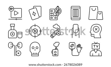 Addiction linear icon set. Drug, bad habits, tobacco, media, phone, alcohol, cannabis, smoking, gambling, cocaine, video, junk food outline icon pack. UI thin line icon pack