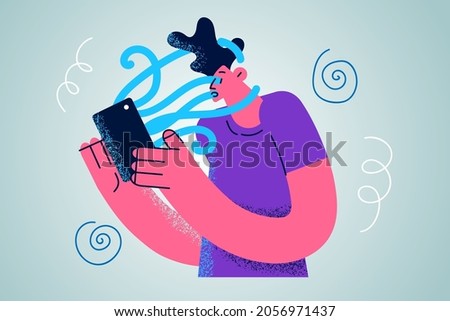 Addiction to media and gadgets concept. Young stressed man cartoon character standing feeling connected to screen phone with liquid vector illustration