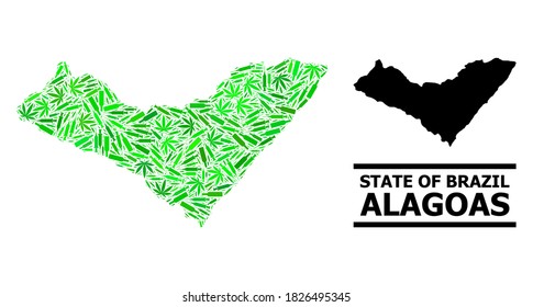 Addiction mosaic and solid map of Alagoas State. Vector map of Alagoas State is shaped with scattered vaccine symbols, herb and drink bottles.