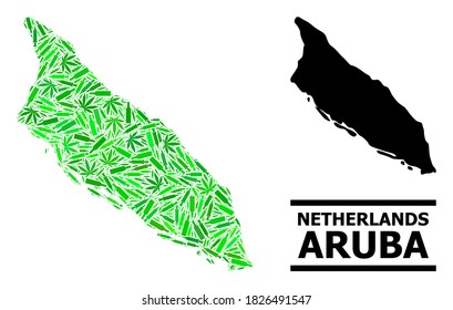 Addiction mosaic and solid map of Aruba Island. Vector map of Aruba Island is composed of scattered injection needles, addict and alcoholic bottles.