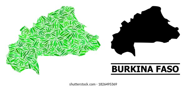 Addiction mosaic and solid map of Burkina Faso. Vector map of Burkina Faso is shaped with scattered vaccine doses, cannabis leaves and wine bottles.