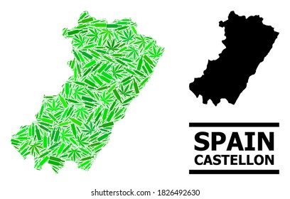 Mosaico de adicción y mapa sólido de la provincia de Castellón. El mapa vectorial de la provincia de Castellón se compone de agujas de inyección aleatorias, cannabis y botellas alcohólicas.