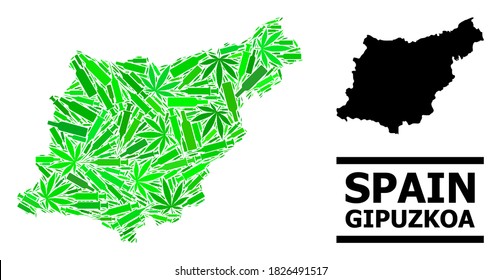 Addiction mosaic and solid map of Gipuzkoa Province. Vector map of Gipuzkoa Province is designed from randomized injection needles, marijuana and drink bottles.