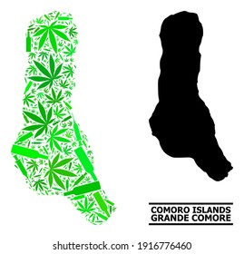 Addiction mosaic and solid map of Grande Comore Island. Vector map of Grande Comore Island is done with randomized injection needles, weed and alcohol bottles.