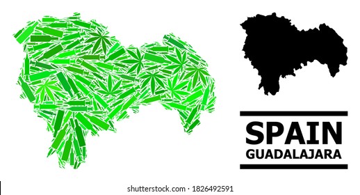 Addiction mosaic and solid map of Guadalajara Province. Vector map of Guadalajara Province is constructed with random inoculation icons, addict and alcohol bottles.