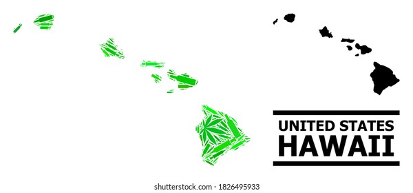 Addiction mosaic and solid map of Hawaii State. Vector map of Hawaii State is designed with scattered injection needles, marijuana and alcohol bottles.