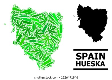 Addiction mosaic and solid map of Hueska Province. Vector map of Hueska Province is formed with random syringes, ganja and alcoholic bottles.