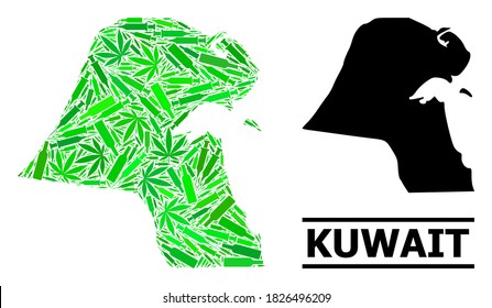 Addiction mosaic and solid map of Kuwait. Vector map of Kuwait is constructed with scattered injection needles, narcotic and wine bottles. Abstract geographic scheme in green colors for map of Kuwait.