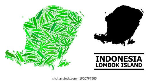 Addiction mosaic and solid map of Lombok Island. Vector map of Lombok Island is shaped from random inoculation icons, cannabis leaves and wine bottles.