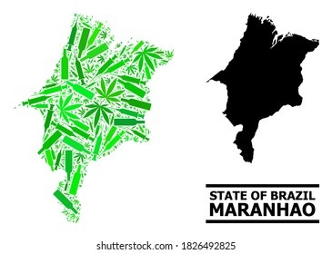 Addiction mosaic and solid map of Maranhao State. Vector map of Maranhao State is composed from randomized vaccine symbols, cannabis and drink bottles.