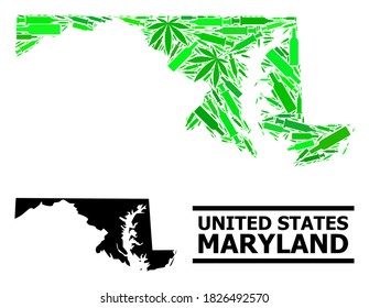 Sucht mosaik und solide Karte des Maryland-Staates. Die Vektorkarte des Maryland State besteht aus zufälligen Injektionsnadeln, Kräutern und Weinflaschen.