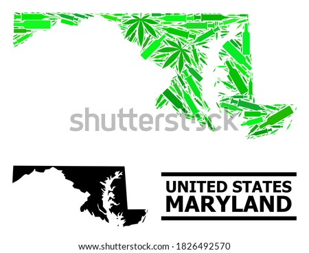 Addiction mosaic and solid map of Maryland State. Vector map of Maryland State is composed from random injection needles, herb and wine bottles.