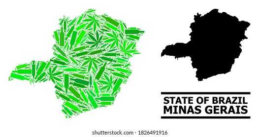 Addiction mosaic and solid map of Minas Gerais State. Vector map of Minas Gerais State is composed from random inoculation icons, hemp and drink bottles.