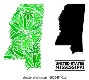 Mosaico de adicción y mapa sólido del estado de Misisipi. El mapa vectorial del estado de Mississippi está formado por dosis de vacuna aleatorizadas, botellas de herbolario y de vino.