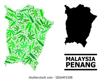 Addiction mosaic and solid map of Penang Island. Vector map of Penang Island is composed of random syringes, hemp and wine bottles. Abstract territory plan in green colors for map of Penang Island.