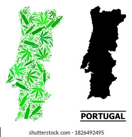 Addiction mosaic and solid map of Portugal. Vector map of Portugal is composed with scattered injection needles, dope and drink bottles. Abstract territorial plan in green colors for map of Portugal.