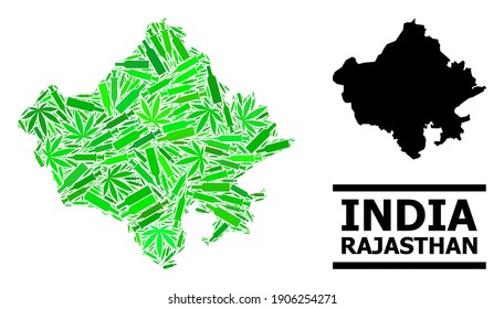 Addiction mosaic and solid map of Rajasthan State. Vector map of Rajasthan State is designed from scattered syringes, herb and wine bottles.