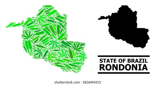 Addiction mosaic and solid map of Rondonia State. Vector map of Rondonia State is shaped of randomized syringes, narcotic and drink bottles.