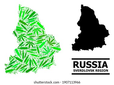Addiction mosaic and solid map of Sverdlovsk Region. Vector map of Sverdlovsk Region is organized from random inoculation icons, marijuana and drink bottles.