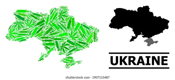Addiction mosaic and solid map of Ukraine. Vector map of Ukraine is formed with scattered inoculation icons, cannabis leaves and alcoholic bottles.