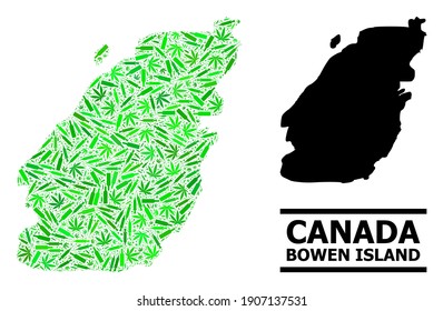 Mosaico de adicción y mapa usual de la isla Bowen. El mapa vectorial de la isla Bowen se crea a partir de jeringas aleatorias, hojas de cannabis y botellas alcohólicas.