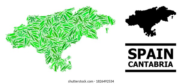 Addiction mosaic and usual map of Cantabria Province. Vector map of Cantabria Province is organized with randomized vaccine symbols, weed and alcoholic bottles.