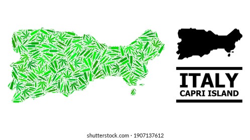 Addiction mosaic and usual map of Capri Island. Vector map of Capri Island is created of random syringes, hemp and wine bottles. Abstract territorial plan in green colors for map of Capri Island.