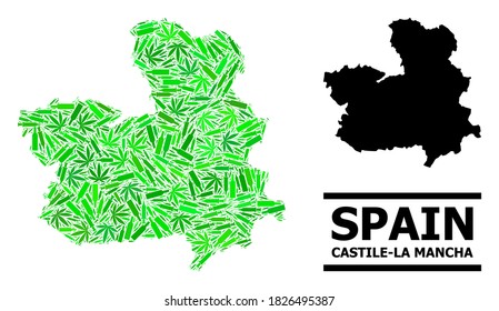 Addiction mosaic and usual map of Castile-La Mancha Province. Vector map of Castile-La Mancha Province is created from randomized syringes, hemp and wine bottles.