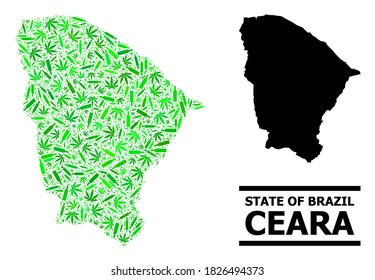 Mosaico de adicción y mapa usual del estado de Ceara. El mapa vectorial del estado de Ceara se construye a partir de símbolos de vacunas aleatorias, ganja y botellas alcohólicas.